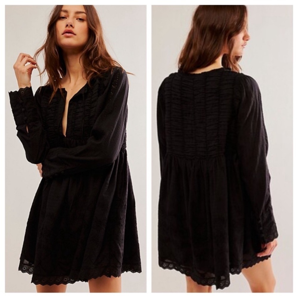 New! Free People Odelia embroidered babydoll swing dress black nwot 27525